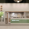 Modern Minimalist Cafe Interior With Wooden Circular Wall Decor Green Tiled Counter And Cozy Seating