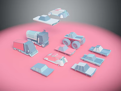Colorful Toy Car Models Including Trucks Sedans And Construction Vehicles On Pink Background 3d model