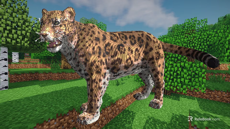 Pixel Style Leopard Character In Minecraft Like Game Environment With Green Grass And Trees 3d model 