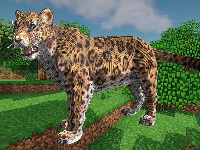 Pixel Style Leopard Character In Minecraft Like Game Environment With Green Grass And Trees 3d model