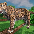Pixel Style Leopard Character In Minecraft Like Game Environment With Green Grass And Trees