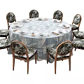 Round Eight Seater Dining Table Set with Floral Patterned Chairs and Tablecloth 3d model