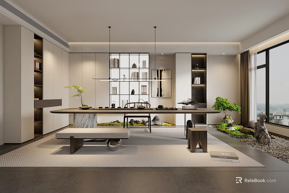 Modern Tea Room Interior With Long Table Greenery And Windows 3d model