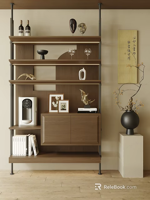 Wooden Storage Shelf Unit with Multiple Shelves Decorative Items Photo Frames and Vase 3d model 