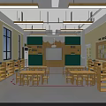 School Classroom Interior With Wooden Desks Green Cabinets Whiteboard Bookshelves And Windows