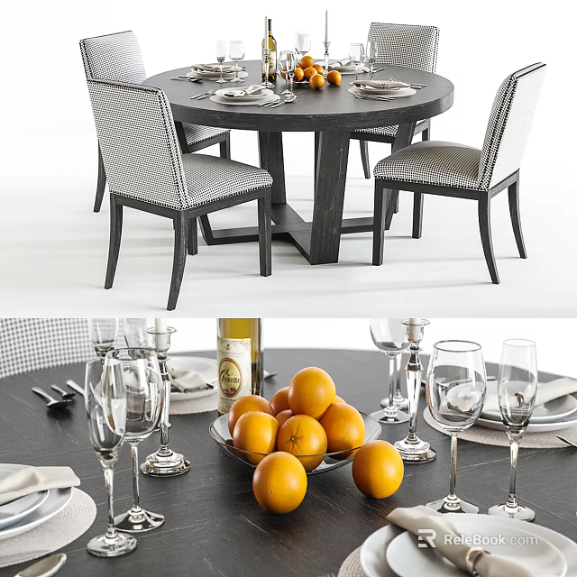 Round Dining Table Set With Checkered Chairs Oranges Wine Glasses And Tableware 3d model