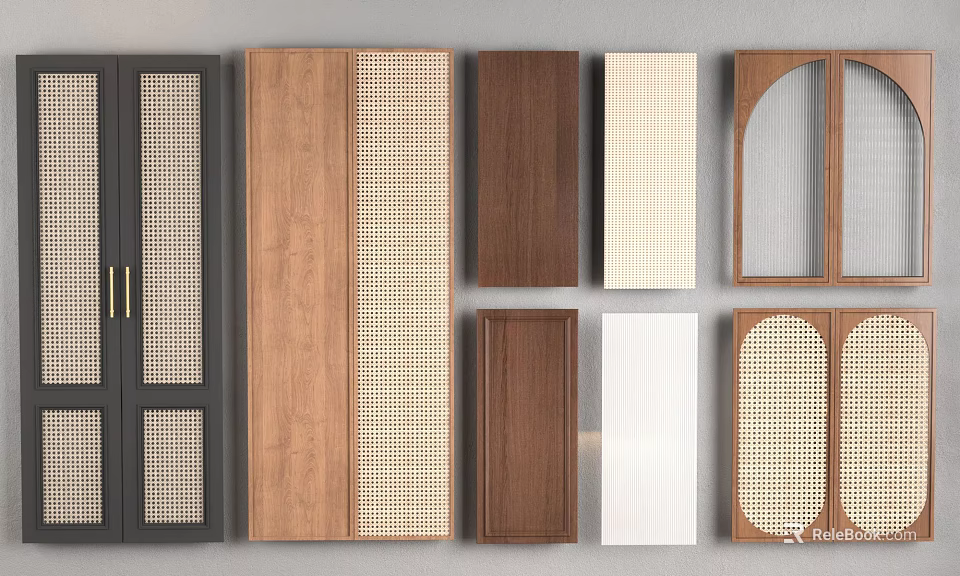 Modern Wardrobe Doors Featuring Various Wooden Panels And Grid Design Styles 3d model 