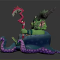 Green Game Movie Character With Horns Holding Red Staff On Blue Pink Tentacle Octopus Creature
