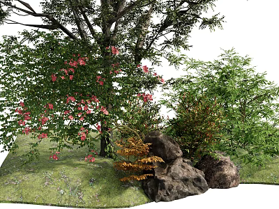 Lush Arbor with Green Leaves and Red Flowers Surrounded by Shrubs Rocks and Green Grass 3d model