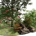 Lush Arbor with Green Leaves and Red Flowers Surrounded by Shrubs Rocks and Green Grass