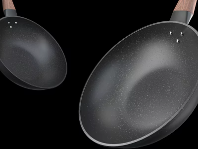 Durable Non Stick Frying Pans With Wooden Handles And Smooth Black Surface 3d model