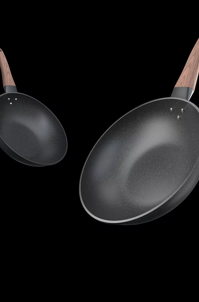 Durable Non Stick Frying Pans With Wooden Handles And Smooth Black Surface 3d model Durable Non Stick Frying Pans With Wooden Handles And Smooth Black Surface 3d model