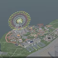 Aerial Planning of Urban Amusement Park with Ferris Wheel Roller Coaster Green Spaces and Buildings