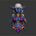 Blue Skinned White Haired Female Game Character With Pointed Ears And Red Gold Armor