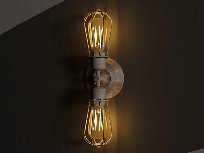 Vintage Wall Lamp Double Bulbs Warm Yellow Light Mounted On Dark Wall With Wooden Base 3d model