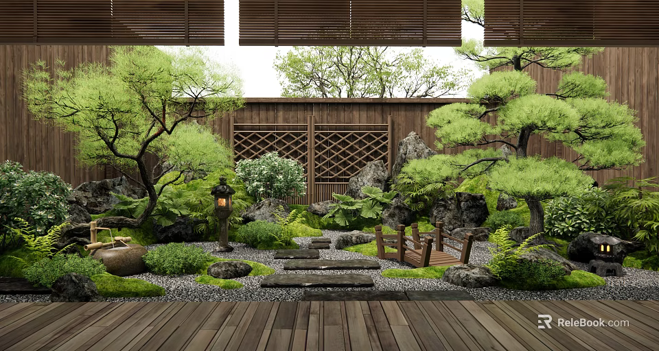 Tranquil Garden Courtyard With Wooden Lattice Wall Lush Greenery Stone Path Small Bridge And Lantern 3d model 