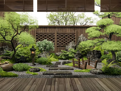 Tranquil Garden Courtyard With Wooden Lattice Wall Lush Greenery Stone Path Small Bridge And Lantern 3d model
