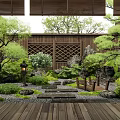 Tranquil Garden Courtyard With Wooden Lattice Wall Lush Greenery Stone Path Small Bridge And Lantern