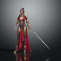 Fantasy Female Warrior Character With Elaborate Golden Red Armor And Long Sword