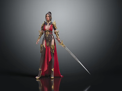 Fantasy Female Warrior Character With Elaborate Golden Red Armor And Long Sword 3d model