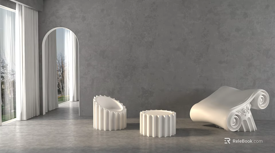 White Modern Chair in Room with Gray Wall Arched Doorway and Cylindrical Small Table 3d model 
