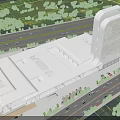Modern Commercial Complex with Contemporary Architectural Design Glass Curtain Walls and Lush Green Surroundings