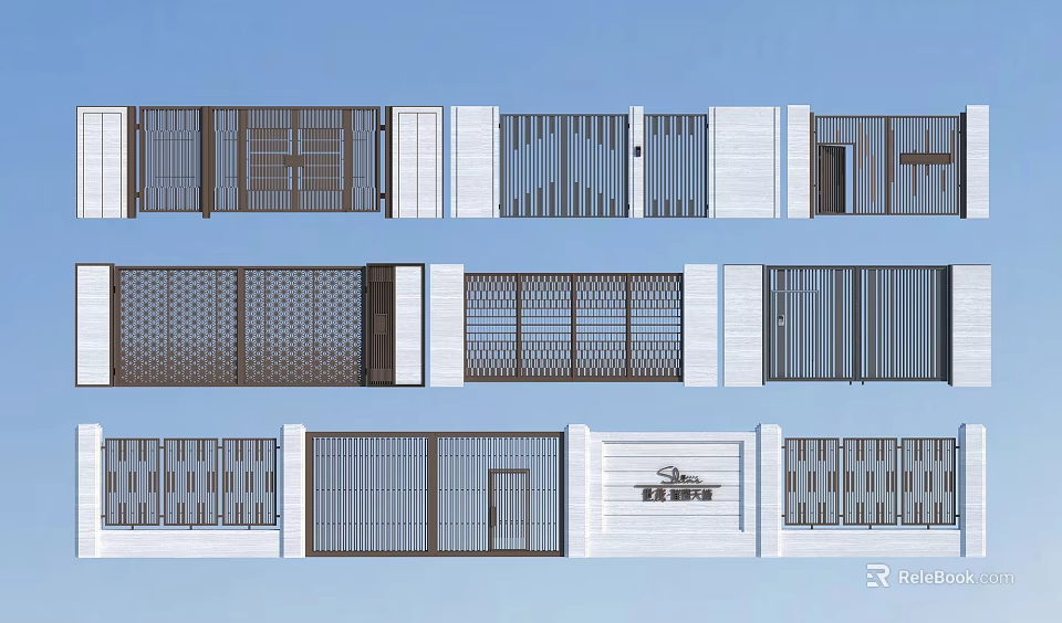 Modern Entrance Gate Design With Metal Grilles And Patterned Decorative Panels 3d model 
