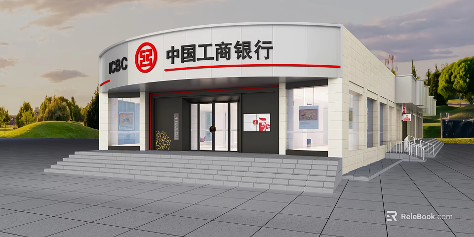 Industrial and Commercial Bank of China Building Exterior With Glass Doors Steps And Signage 3d model 