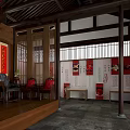 Traditional Chinese Hall Interior With Deshou Tang Plaque Red Couplets And Hanging Painting