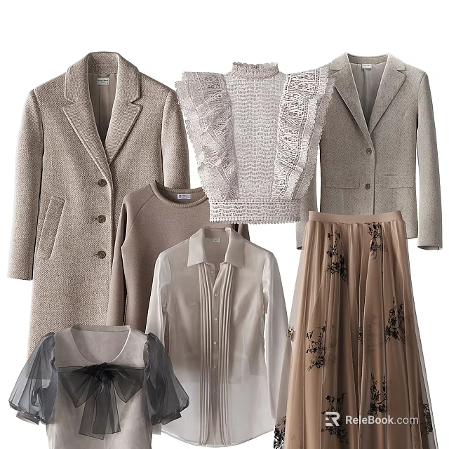 Stylish Neutral Tones Clothing With Coat Blazer Lace Top Sweater Shirt And Tulle Skirt 3d model 
