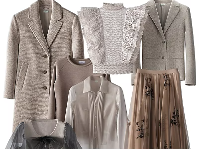 Stylish Neutral Tones Clothing With Coat Blazer Lace Top Sweater Shirt And Tulle Skirt 3d model