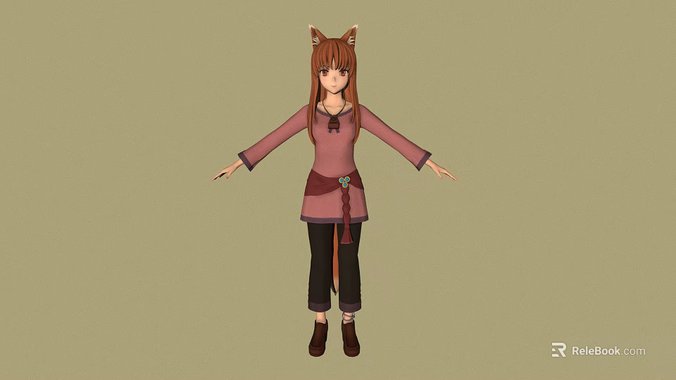 3D Model Character With Cat Ears Wearing Pink Top And Dark Pants 3d model