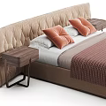 Tufted Beige Headboard Double Bed With Brown Blanket Orange Pillows And Nightstand