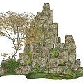 Lush Courtyard Garden With Natural Rock Formation Leafy Tree And Colorful Flowers