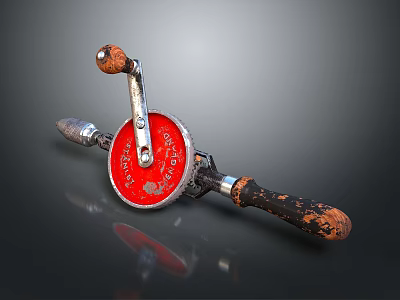 Vintage Manual Sharpening Tool With Red Wheel Wooden Handle And Metal Components 3d model
