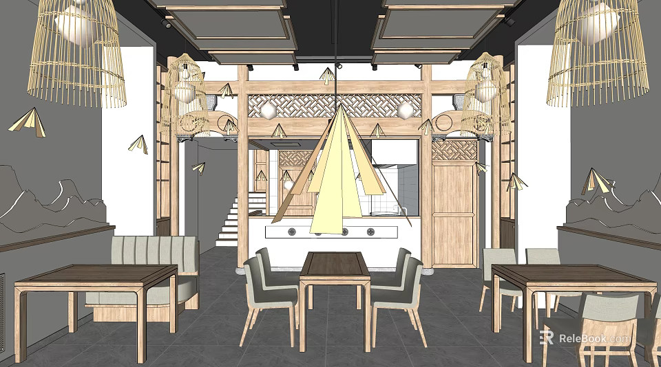 Traditional Japanese Restaurant Interior With Wooden Decor Lanterns And Dining Tables 3d model 