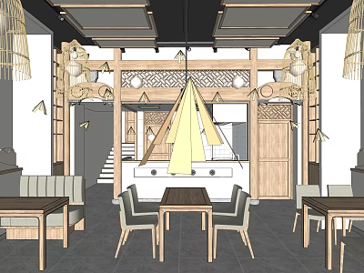 Traditional Japanese Restaurant Interior With Wooden Decor Lanterns And Dining Tables 3d model