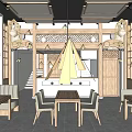 Traditional Japanese Restaurant Interior With Wooden Decor Lanterns And Dining Tables