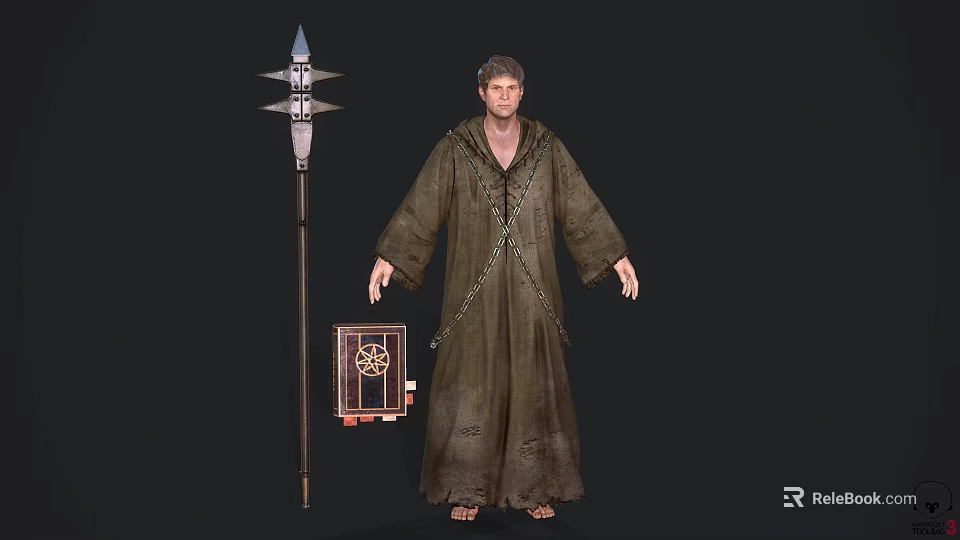 A Man In Brown Robe Standing By Tall Staff With Pointed Top And Decorated Box 3d model 