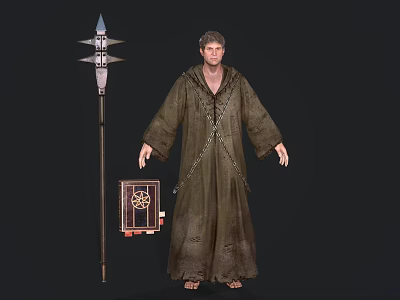 A Man In Brown Robe Standing By Tall Staff With Pointed Top And Decorated Box 3d model