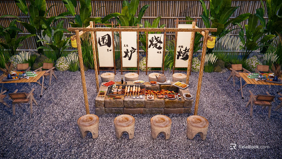 Cozy Courtyard Garden with Bamboo Structure White Banners Stone Stools Green Plants and Grilled Food 3d model 