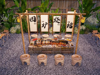 Cozy Courtyard Garden with Bamboo Structure White Banners Stone Stools Green Plants and Grilled Food 3d model