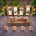 Cozy Courtyard Garden with Bamboo Structure White Banners Stone Stools Green Plants and Grilled Food