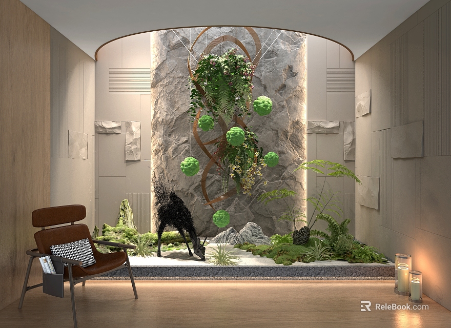 Courtyard Garden With Rock Features Twisted Vine Plants Lush Green Vegetation And Cozy Chair 3d model 