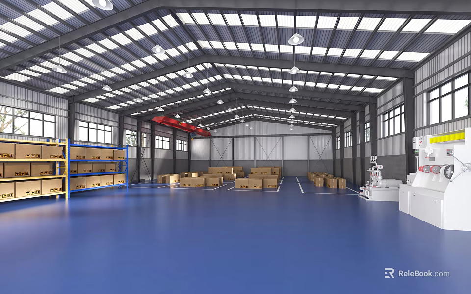 Industrial Equipment In Spacious Warehouse With Blue Floor Metal Racks And Cardboard Boxes 3d model 