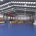 Industrial Equipment In Spacious Warehouse With Blue Floor Metal Racks And Cardboard Boxes