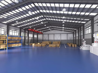 Industrial Equipment In Spacious Warehouse With Blue Floor Metal Racks And Cardboard Boxes 3d model