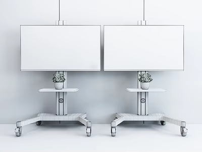 Modern Office Setup With Two White Screens On Wheeled Stands And Small Plants 3d model