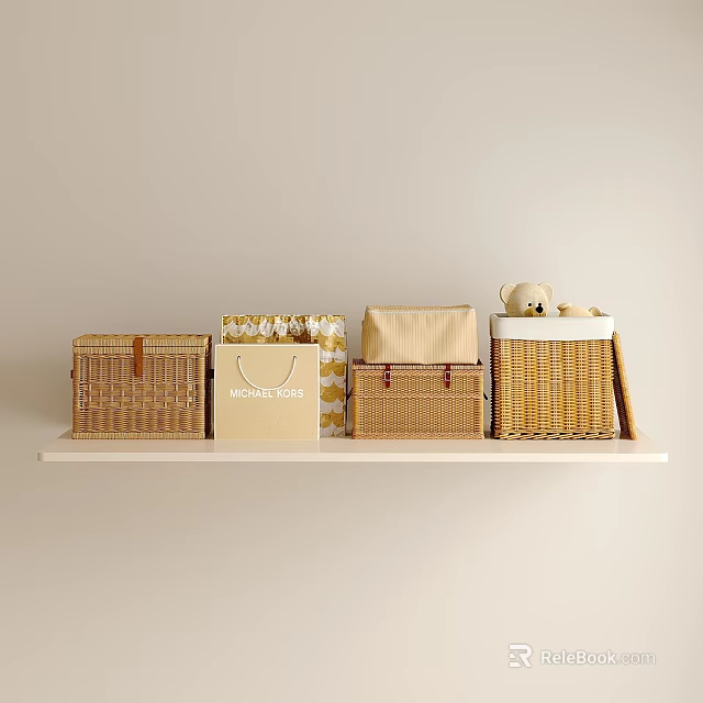 Decorative Wicker Ornament Set With Baskets Storage Box Shopping Bag Teddy Bear On White Shelf 3d model 