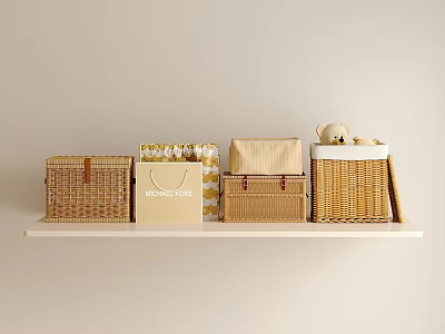 Decorative Wicker Ornament Set With Baskets Storage Box Shopping Bag Teddy Bear On White Shelf 3d model